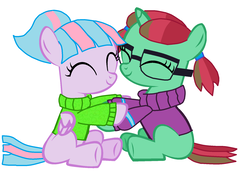 Size: 1736x1216 | Tagged: safe, artist:ianpony98, oc, oc only, oc:lilac sea, oc:straight a's, earth pony, pegasus, pony, clothes, earth pony oc, female, filly, foal, glasses, hug, pegasus oc, simple background, sweater, white background