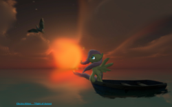 Size: 1311x813 | Tagged: safe, artist:zeezou2, fluttershy, bird, pegasus, pony, g4, 3d, boat, female, flying, mare, signature, solo, spread wings, sunset, water, windswept mane, wings