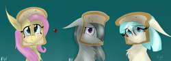Size: 1776x639 | Tagged: safe, artist:zeezou2, coco pommel, fluttershy, marble pie, earth pony, pegasus, pony, g4, blue background, blushing, bread, bread head, breading, cheek fluff, chest fluff, chin fluff, cocobetes, cute, female, floppy ears, fluffy, food, gradient background, hair over one eye, heart, looking at you, marblebetes, mare, shy smile, shyabetes, signature, simple background, smiling, the council of shy ponies, toast, trio