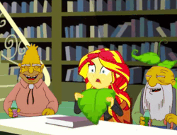 Size: 444x340 | Tagged: safe, edit, edited screencap, screencap, sunset shimmer, epic fails, equestria girls, g4, my little pony equestria girls: summertime shorts, animated, book, drugs, female, grampa simpson, library, male, plant, sheet, simpsons did it, the simpsons