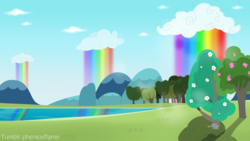 Size: 1920x1080 | Tagged: safe, artist:steamyart, campfire tales, g4, background, lake, no pony, rainbow, redraw, scenery, tree, winsome falls
