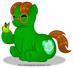 Size: 1024x967 | Tagged: safe, artist:aleximusprime, oc, oc only, oc:emerald mask, pony, apple, chubby, eating, eyes closed, food, glasses, happy, male, solo