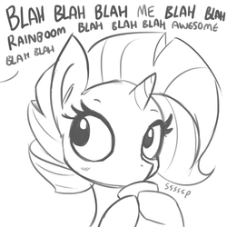 Size: 1650x1650 | Tagged: safe, artist:tjpones, rarity, pony, unicorn, g4, blah blah blah, blushing, bust, cup, dialogue, drink, drinking, female, food, grayscale, hoof hold, implied rainbow dash, mare, monochrome, offscreen character, simple background, sipping, sipping tea, sketch, solo, tea, teacup, white background