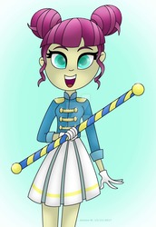 Size: 1024x1489 | Tagged: safe, artist:lavenderrain24, majorette, sweeten sour, equestria girls, g4, my little pony equestria girls: friendship games, clothes, cute, female, gradient background, hair bun, open mouth, pleated skirt, skirt, solo, watermark