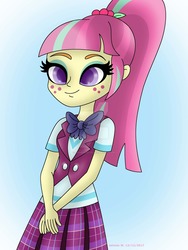 Size: 1024x1365 | Tagged: safe, artist:lavenderrain24, sour sweet, equestria girls, g4, my little pony equestria girls: friendship games, clothes, crystal prep academy uniform, cute, female, freckles, pleated skirt, ponytail, school uniform, skirt, smiling, solo, watermark