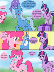 Size: 1000x1317 | Tagged: safe, artist:emilou1985, pinkie pie, trixie, twilight sparkle, alicorn, pony, comic:signs, g4, comic, eyes closed, female, folded wings, hat, looking up, mare, pregnant, present, scared, twilight sparkle (alicorn)