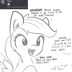 Size: 1650x1650 | Tagged: safe, artist:tjpones, rainbow dash, pony, g4, ask, dialogue, discord (program), ear fluff, eyeliner, female, grayscale, implied rarity, lipstick, makeup, mare, monochrome, offscreen character, simple background, sketch, smiling, tumblr, white background