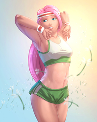 Size: 1600x2019 | Tagged: safe, artist:eve-ashgrove, artist:vest, fluttershy, human, g4, armpits, belly button, clothes, female, headband, humanized, midriff, shorts, solo, sports bra, workout outfit, wristband