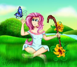 Size: 1024x900 | Tagged: safe, artist:shamy-crist, fluttershy, butterfly, human, g4, clothes, dress, female, flower, humanized, solo, staff, watermark