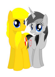 Size: 2480x3507 | Tagged: safe, artist:truffle shine, artist:twidasher, derpibooru exclusive, oc, oc only, oc:carbine kiasu, oc:truffle shine, pony, unicorn, 2018 community collab, derpibooru community collaboration, duo, female, grin, high res, horn, looking at you, male, side by side, simple background, smiling, transparent background