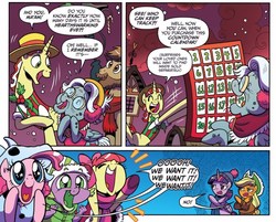 Size: 1059x850 | Tagged: safe, artist:brenda hickey, idw, apple bloom, applejack, flim, pinkie pie, spike, twilight sparkle, alicorn, dragon, pony, g4, spoiler:comic, spoiler:comicholiday2017, twilight sparkle (alicorn)