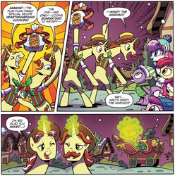 Size: 1016x1023 | Tagged: safe, artist:brenda hickey, idw, apple bloom, flam, flim, spike, dragon, g4, spoiler:comic, spoiler:comicholiday2017, flim flam brothers