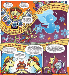 Size: 771x842 | Tagged: safe, artist:brenda hickey, idw, flam, flim, pinkie pie, spike, windy the windigo, dragon, windigo, g4, spoiler:comic, spoiler:comicholiday2017, flim flam brothers, holly, music notes