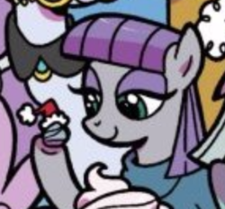 Size: 327x304 | Tagged: safe, artist:brenda hickey, idw, boulder (g4), maud pie, g4, spoiler:comic, spoiler:comicholiday2017, christmas, hat, holiday, santa hat, smiling, when she smiles