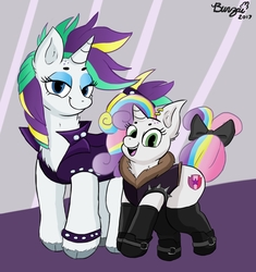 Size: 1636x1744 | Tagged: safe, artist:amazingbunzai, rarity, sweetie belle, pony, unicorn, g4, alternate hairstyle, bracelet, duo, female, filly, jewelry, looking at you, mare, punk, raripunk, spiked wristband, studded bracelet, wristband