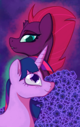 Size: 800x1271 | Tagged: safe, artist:puddingskinmcgee, fizzlepop berrytwist, tempest shadow, twilight sparkle, pony, unicorn, g4, my little pony: the movie, broken horn, female, horn, lesbian, lidded eyes, looking at each other, mare, profile, ship:tempestlight, shipping, smiling