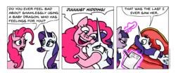 Size: 1245x520 | Tagged: safe, artist:gingerfoxy, pinkie pie, rarity, twilight sparkle, earth pony, pony, unicorn, pony comic generator, g4, comic, confused, couch, creepy, creepy smile, fainting couch, female, glowing, glowing horn, horn, implied shipping, implied sparity, implied straight, magic, mare, paper, pencil, simple background, smiling, telekinesis, white background