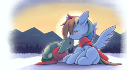 Size: 1805x1000 | Tagged: safe, artist:unousaya, rainbow dash, tank, pegasus, pony, g4, blushing, clothes, cute, dashabetes, duo, eyes closed, female, hnnng, mare, scarf, snow, spread wings, wings, winter