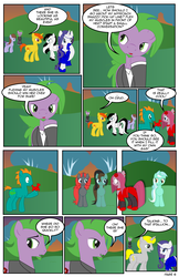 Size: 792x1224 | Tagged: safe, artist:dekomaru, lyra heartstrings, pinkie pie, rarity, spike, oc, pony, comic:the greatest gift, g4, balloon, balloon animal, clothes, comic, dress, fourth wall, pinkamena diane pie, ponified, ponified spike, suit