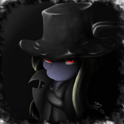 Size: 3000x3000 | Tagged: safe, artist:dranoellexa, oc, oc only, oc:butter cream, bat pony, pony, abstract background, bloodborne, bust, clothes, coat, crossover, female, hat, high res, mare, portrait, red eyes, simple background, slit pupils, solo, top hat