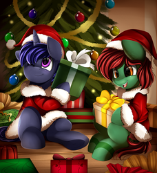 Size: 2750x3009 | Tagged: safe, artist:pridark, oc, oc only, oc:aromia, oc:moon magic, pony, christmas, christmas tree, commission, cute, female, hat, high res, holiday, male, mare, present, santa hat, smiling, stallion, tree