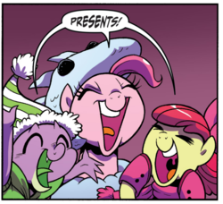Size: 1144x1045 | Tagged: safe, idw, apple bloom, pinkie pie, spike, dragon, g4, spoiler:comic, spoiler:comicholiday2017, cropped, snow