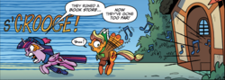 Size: 2524x896 | Tagged: safe, idw, applejack, twilight sparkle, alicorn, pony, g4, spoiler:comic, spoiler:comicholiday2017, angry, beanie, book, clothes, cropped, eyes on fire, hat, music notes, scarf, snow, that pony sure does love books, this will end in death, twilight sparkle (alicorn), xk-class end-of-the-world scenario