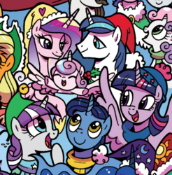 Size: 835x847 | Tagged: safe, idw, applejack, cookie crumbles, hondo flanks, night light, princess cadance, princess celestia, princess flurry heart, princess luna, rarity, sweetie belle, twilight sparkle, twilight velvet, windy whistles, alicorn, earth pony, pegasus, pony, unicorn, g4, spoiler:comic, spoiler:comicholiday2017, baby, c:, christmas, cropped, cute, diaper, eyes closed, family, female, filly, foal, happy, hat, holiday, holly, lidded eyes, mare, open mouth, santa hat, smiling, sparkle family, spread wings, twilight sparkle (alicorn), wings