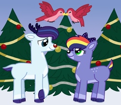 Size: 3255x2841 | Tagged: safe, artist:kindheart525, oc, oc only, oc:paint swirl, oc:royal splendor, deer, reindeer, kindverse, christmas, christmas tree, high res, holiday, looking at each other, offspring, parent:fancypants, parent:rainbow dash, parent:rarity, parent:soarin', parents:raripants, parents:soarindash, rudolph the red nosed reindeer, species swap, tree