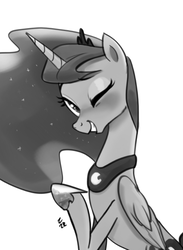 Size: 570x778 | Tagged: safe, artist:ehfa, princess luna, alicorn, pony, blushing, cute, female, grayscale, grin, looking at you, lunabetes, mare, monochrome, one eye closed, raised hoof, simple background, sitting, smiling, solo, squee, waving, white background, wink
