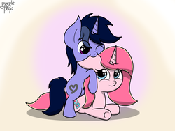 Size: 2048x1536 | Tagged: safe, artist:php142, oc, oc only, oc:purple flix, oc:rosa flame, pony, unicorn, biting, chibi, cute, duo, ear bite, female, looking at each other, male, nom, playing, sitting