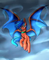Size: 875x1080 | Tagged: dead source, safe, artist:mariashek, oc, oc only, oc:bluemist, bat pony, pony, bat pony oc, bat wings, collar, fangs, looking at you, male, piercing, simple background, solo, stallion