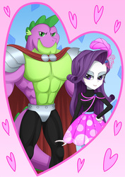 Size: 1895x2684 | Tagged: safe, artist:liu ting, rarity, spike, dragon, equestria girls, g4, abs, beefspike, burlesque, cape, clothes, feather, female, heart, knight spike, looking at you, male, muscles, older, older spike, ship:sparity, shipping, skirt, smiling, straight