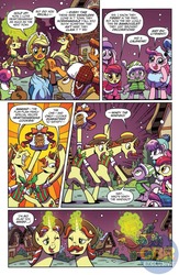 Size: 864x1328 | Tagged: safe, artist:brenda hickey, idw, apple bloom, applejack, flam, flim, pinkie pie, spike, dragon, g4, spoiler:comic, spoiler:comicholiday2017, flim flam brothers, preview