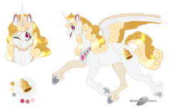 Size: 1320x800 | Tagged: safe, artist:bijutsuyoukai, oc, oc only, oc:gilded bell, alicorn, pony, alicorn oc, cutie mark background, female, horseshoes, mare, one eye closed, reference sheet, simple background, solo, transparent background, wink