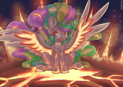 Size: 7016x4961 | Tagged: safe, artist:cutepencilcase, princess celestia, alicorn, pony, g4, absurd resolution, female, fire, grin, looking at you, mare, slit pupils, smiling, solo, spread wings, unshorn fetlocks, wings