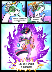 Size: 860x1200 | Tagged: safe, artist:madmax, edit, princess celestia, twilight sparkle, alicorn, pony, g4, bipedal, comic, dragon ball, dragon ball z, elements of harmony, german, glowing eyes, hoof shoes, onomatopoeia, over 9000, scouter, translated in the description, translation