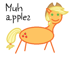 Size: 344x266 | Tagged: safe, artist:watermelon changeling, derpibooru exclusive, applejack, earth pony, pony, g4, 1000 hours in ms paint, c:, female, mare, misspelling, muh, simple background, smiling, solo, stick figure, white background