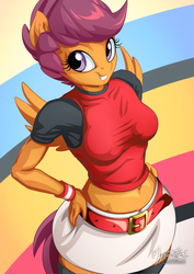 Size: 955x1351 | Tagged: safe, artist:mysticalpha, scootaloo, pegasus, anthro, g4, alternate hairstyle, belly button, belt, breasts, caramella girls, caramelldansen, clothes, cute, female, leggings, looking at you, midriff, miniskirt, moe, older, older scootaloo, skirt, skirtaloo, smiling, socks, solo, tail, thigh highs, tight clothing, wings, zettai ryouiki