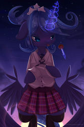 Size: 1000x1500 | Tagged: safe, artist:togeticisa, princess luna, anthro, g4, candy, clothes, cloud, cute, female, food, glowing horn, horn, leggings, lollipop, magic, moon, night, pleated skirt, school uniform, skirt, sky, socks, solo, stars, telekinesis, thigh highs, wings