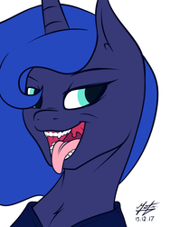 Size: 3000x4000 | Tagged: safe, artist:azerta56, princess luna, alicorn, pony, g4, clothes, colored pupils, female, flat colors, human teeth, maw, mawshot, open mouth, simple background, solo, tongue out, uncanny valley, white background, wip