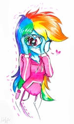Size: 2121x3526 | Tagged: safe, artist:liaaqila, rainbow dash, equestria girls, g4, clothes, cute, dashabetes, female, heart, heart hands, high res, looking at you, multicolored hair, simple background, solo, traditional art