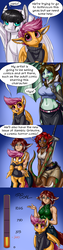 Size: 700x2800 | Tagged: safe, artist:aphexangel, scootaloo, oc, oc:laura the zony, dragon, pegasus, pony, anthro, g4, anthro with ponies, clothes, dialogue, ear fluff, holding a pony, looking at you, non-mlp oc, stalkerloo