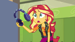 Size: 1280x720 | Tagged: safe, screencap, sunset shimmer, equestria girls, g4, my little pony equestria girls: better together, overpowered (equestria girls), canterlot high, clothes, door, female, geode of empathy, headphones, jacket, leather jacket, lockers, skirt, solo