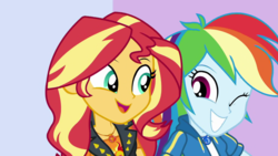 Size: 1280x720 | Tagged: safe, screencap, rainbow dash, sunset shimmer, a fine line, equestria girls, g4, my little pony equestria girls: better together, clothes, duo, female, geode of empathy, geode of super speed, magical geodes, one eye closed, open mouth, shipping fuel, wink