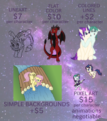 Size: 4000x4500 | Tagged: safe, artist:phonicb∞m, fluttershy, rarity, oc, oc:charcoal, oc:cosmic latte, oc:kyuu, oc:mercy leaf, bat pony, dracony, dragon, hybrid, pegasus, pony, unicorn, g4, alternate hairstyle, bridge, commission info, dragoness, female, flat colors, grass, guitar, lineart, looking at you, mermic, one eye closed, pixel art, pokémon, punk, raripunk, river, simple background, smiling, sprite, wink