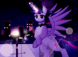 Size: 1463x1080 | Tagged: safe, artist:clefficia, twilight sparkle, alicorn, pony, g4, bowtie, cartoon network, city, female, flower, glowing horn, hat, horn, it's over isn't it, magic, mare, reference, rose, solo, steven universe, top hat, twilight sparkle (alicorn)