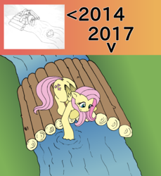 Size: 2592x2828 | Tagged: safe, artist:phonicb∞m, fluttershy, g4, bridge, draw this again, grass, high res, looking down, river, simple background, smiling