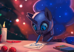 Size: 1000x704 | Tagged: safe, artist:rodrigues404, nightmare moon, alicorn, pony, :3, candle, christmas, christmas tree, crayon, cute, drawing, female, filly, helmet, holiday, looking down, moonabetes, mouth hold, nightmare woon, rodrigues404 is trying to murder us, smiling, solo, table, tree, younger