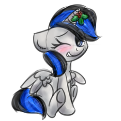 Size: 1000x1000 | Tagged: safe, artist:lbrcloud, oc, oc only, oc:lily, pegasus, pony, blushing, female, floppy ears, holly, holly mistaken for mistletoe, mare, mistletoe horn, one eye closed, simple background, sitting, smiling, smirk, solo, spread wings, white background, wings, wink